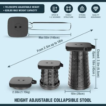 NUMANU 2026 Upgraded Collapsible Stool & 3IN1 Cushioned Carry Bag, Max 620lbs, 18" Height Adjustable Portable Stool Retractable Telescoping Seat, Foldable Camping Stool for Adults or Footrest (Square) - size: Square (Stool & 3IN1 Carry Bag)