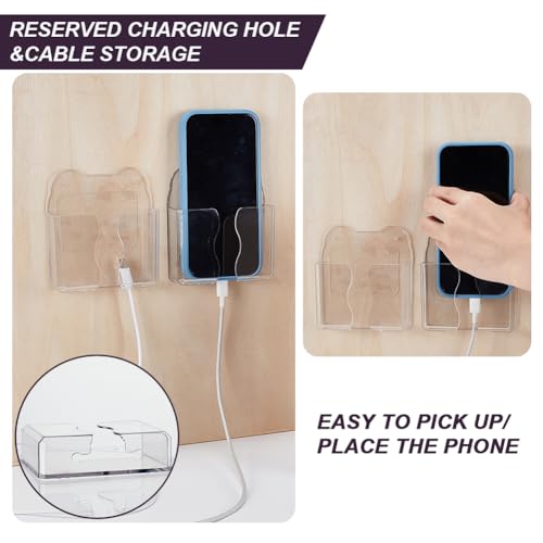 AHANDMAKER 6pcs Wall Mounted Phone Holder Clear Adhesive with Charging Hole PET Shelf Stand Universal Bedside Organizer Kitchen Shower Mount for Home Office RV Wall Phone Storage Organizer