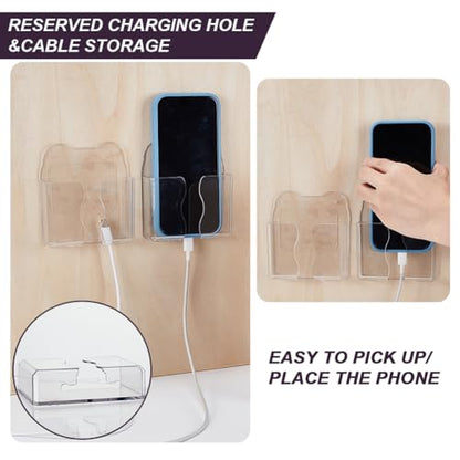 AHANDMAKER 6pcs Wall Mounted Phone Holder Clear Adhesive with Charging Hole PET Shelf Stand Universal Bedside Organizer Kitchen Shower Mount for Home Office RV Wall Phone Storage Organizer