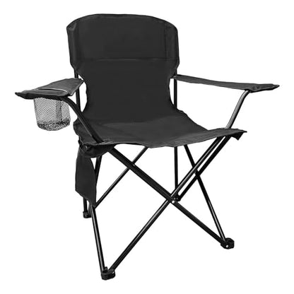 Folding Camping Collapsible Chairs Heavy Duty Lawn Chair with Cooler Bag, Storage Pocket, Waterproof Bag Outdoor Arm Chair, Supports 225LBS, Black