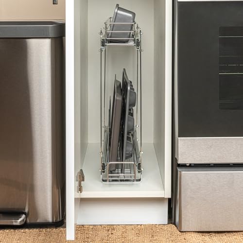 Household Essentials Glidez Multipurpose Chrome-Plated Steel Pull-Out/Slide-Out Storage Organizer for Cookware and Bakeware - 2-Tier Design - Fits Standard Size Cabinet or Shelf, Chrome - size: 5" - Extended, style: Dual Slide
