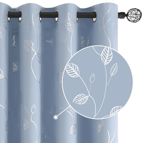 BUHUA Wave Silver Leaf Print Blackout Curtains for Living Room Darkening Curtains Light Blocking Curtains for Bedroom 38W×84L Baby Blue 2 Panels - color: Silver Leaf /Baby Blue, size: 38"W x 84"L (Pack of 2)