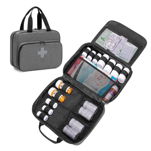 CURMIO Pill Bottle Organizer Portable Medicine Bag, Lockable Prescription Bottle Storage for Pill Bottles, Vitamins, Medical Supplements for Home Storage and Travel, Gray (Empty Medicine Bag) - color: Gray
