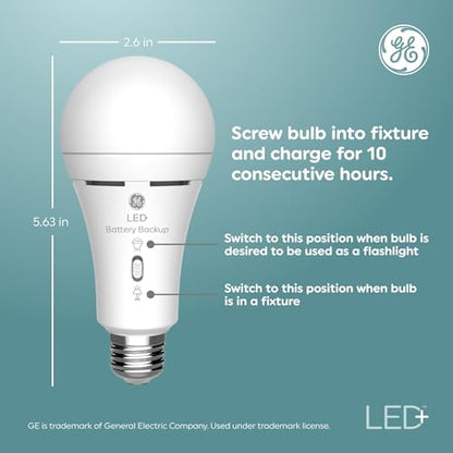 GE LED+ Battery Backup A21 LED Light Bulbs, Rechargeable Light for Power Outages + Flashlight, Soft White (2 Pack) - style: A21