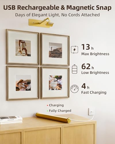 EZVALO Picture Light for Wall, ⁠13-Inch Wireless Rechargeable 4000mAh LED Art Light with Remote, Dimmable 3 Color Temps, Battery Operated Wall Light for Living Room, Bedroom, Gallery (Gold, 2 Pack) - color: Gold