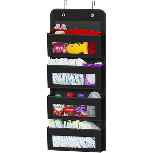 Simple Houseware 4 Clear Window Pocket Over Closet Door Storage Hanging Organizer for Bedroom, Bathroom, Pantry, Black - color: Black, size: 4 Pockets