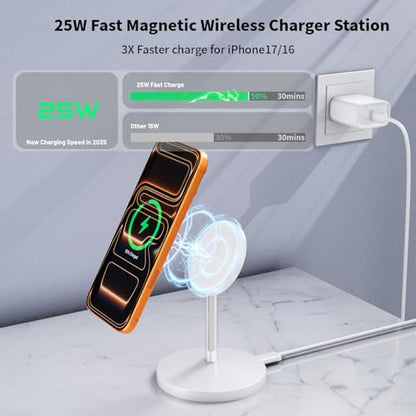 Magnetic Wireless Charger iPhone Stand,25W Mag-Safe Charger Fast Charging Stand 35W Magnetic USB C Adapter with 6FT Cable Wireless Fast Charge Station for iPhone 17 Pro Max/17/16/15/14/13/12, AirPods