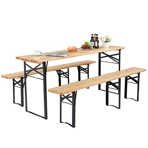 VINGLI 70 Inch Folding Picnic Tables with Benches Set, Weather-Resistant Wooden Beer Garden Table Bench, 3-Piece Portable Fold Up Camping BBQ Table w/Carrying Handles,Natural Wood Color - color: Natural Wood Color, size: 6FT