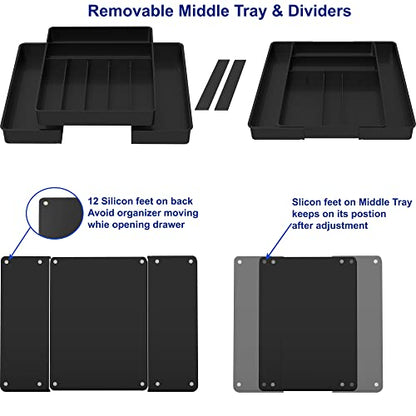 Simple Houseware Expandable Kitchen Drawer Flatware Organizer, Black – Adjustable Cutlery Tray with 9 Compartments for Utensils and Silverware - color: Black