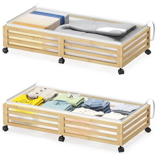 Under Bed Storage with Wheels-Large Bamboo Underbed storage Containers with Large Dust Bag Stackable Under the Bed Shoe Storage Bins for Clothes Books Bedding (2 Packs Nature, 33.07"L×16.54"W× 6.5"H) - color: 2 Packs Nature, size: 33.07"L×16.54"W× 6.5"H