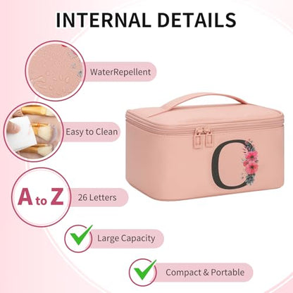 OCHEAL Initial Makeup Bag,Monogram Make up Bag Pink Travel Makeup Organizer Case Beauty Toiletry Cosmetic Bag with Brush Holder, Trendy Stuff Personalized Gifts for Women and Girls-O - color: Pink, style: O