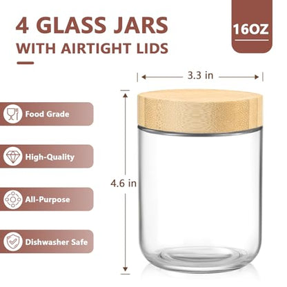DRKIO 16 Oz Overnight Oats Containers with Bamboo Lids - 4 Pack Glass Storage Jars with Airtight Lids Wide Mouth Mason Food Jars Great for Meal Prep Salad Chia Pudding Snacks Yogurt Sugar Spice Cereal - color: 16 Oz - Natural