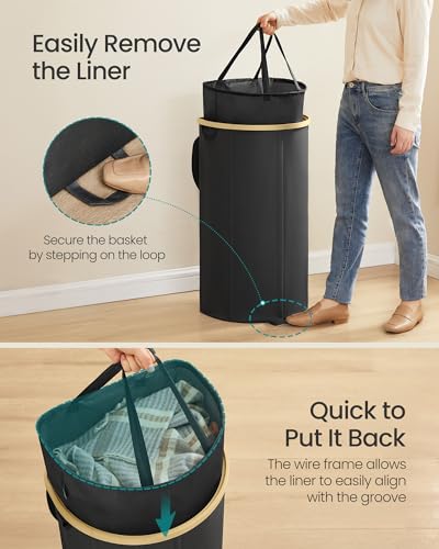 SONGMICS Laundry Hamper, Laundry Basket with Lid, 23.8 Gal. (90 L), with Removable Liner Bag, for Laundry Room, Bedroom, Living Room, Ink Black and Light Bamboo ULCB547B01 - color: Ink Black, size: 90 L (1-Section with Half Moon)