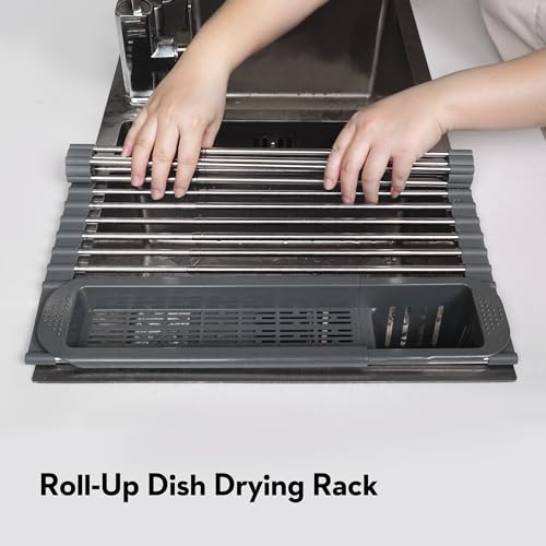 Roll Up Dish Drying Rack Over The Sink, 304 Stainless Stee Dish Drainer, Foldable & Adjustable Sink Drying Rack for Kitchen Sink Counter with Utensil Holder (Gray, Roll Up,Medium,Expandable) - size: Medium