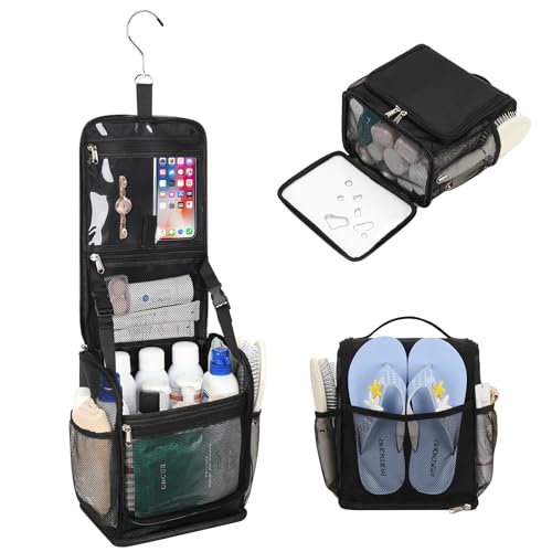 Mesh Shower Caddy Portable, Toiletry Bags for Travel, Hanging Shower Organizer Tote Bag for College Dorm Students Girls Boys, Dry and Wet Separation with Metal Hook - color: Black