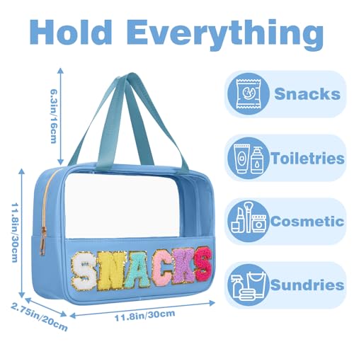 Snack Bags Chenille Letter Patch Clear Bag Snacks Bag for Travel, Preppy Cosmetic Bag Snacks Pouch with Zipper, Toiletry Bag for Traveling women, Clear Travel Bags for Toiletries (Blue-Snack) - color: Blue-Snack