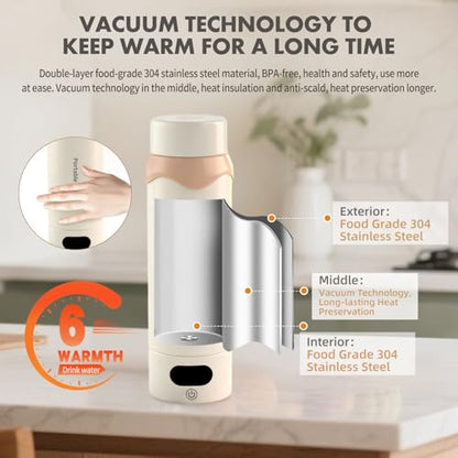 Insulated Stainless Steel Electric Kettle Small, Smart Water Bottle with 4 temperature control, Leak-Proof, Mini Travel Essentials Portable Office Gifts for Tea Lovers, Cream