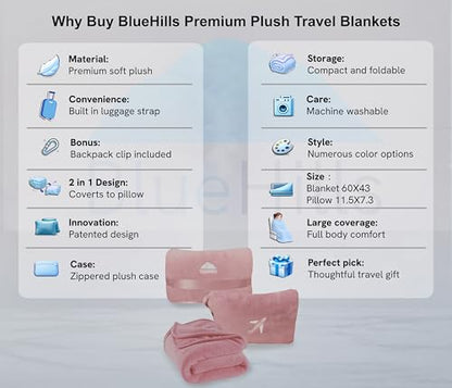 BlueHills 2 Pack Travel Blanket Pillow in Mini Soft Case Premium Plush Airplane Blankets Soft Bag Compact with Luggage Belt and Backpack Clip Small Traveling Pillows Lightweight Accessories - Pink M22 - color: Pink-2pk-m22