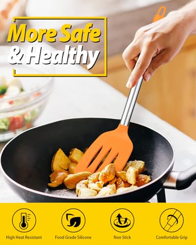 Pack of 2 Silicone Solid Turner, Non Stick Slotted Kitchen Spatulas, High Heat Resistant BPA Free Cooking Utensils, Ideal Cookware for Fish, Eggs, Pancakes (ORANGE) - color: Orange