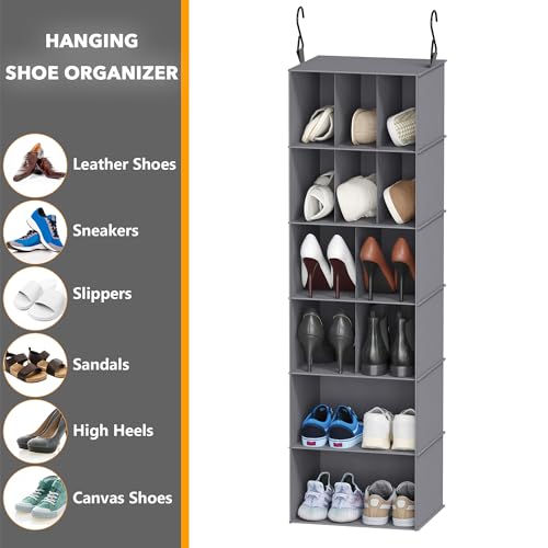 SpaceAid 2 Pack Hanging Closet Organizer and Storage with Dividers, 24 Compartments Hanging Shoe Shelves for Closet, Wardrobe, RV, Garment Rack - Grey - color: Grey