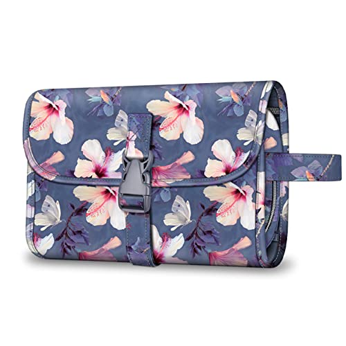 FINTIE Portable Toiletry Cosmetic Travel Bag, Large Water Resistant Hanging Makeup Organizer Storage Pouch Case for Women Girls (Blooming Hibiscus) - color: Blooming Hibiscus