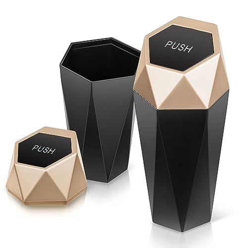 Auto Dynasty Car Trash Can with Lid, Pack of 2 Compact 3" Garbage Bins Bottle Holder, 0.5L Capacity Car Interior Storage Organizer Container for Home Office, Gold - color: Gold, size: 2 pcs