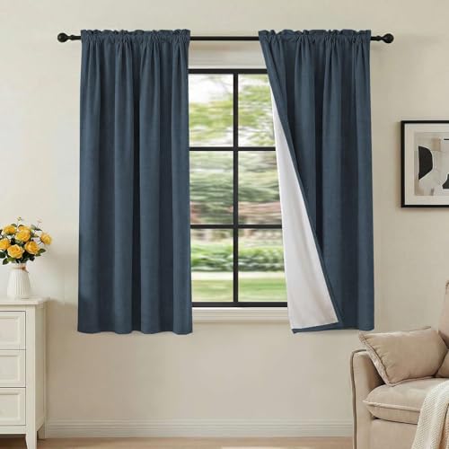 H.VERSAILTEX Linen Look 100% Blackout Curtains 45 Inches Long for Bedroom Full Light Blocking Rod Pocket 42 Inches Wide Linen Textured Thick Window Curtain Drapes with White Backing, Navy, 2 Panels - color: Navy, size: 42"W x 45"L (Pack of 2)