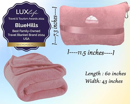 BlueHills Premium Soft Travel Blanket Pillow Compact Mini Airplane Blanket with Portable Pillowcase Long Flights - Dusty Rose Pink M02 - color: Pink-m02