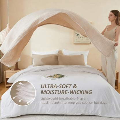 EMME Cotton Muslin Twin XL Blanket Breathable Gauze Soft Lightweight Blankets Adults Gifts for Women (Heather Beige, 66"x90") - color: 03 - Beige, size: Twin XL (66" x 90")