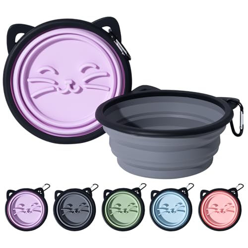 2Pack Silicone Collapsible Dog Bowls, Cute Pet Ear Shape and Cat Graphic Travel Water Bowl Full of Pet Atmosphere 25oz Portable Feeder for Small Large Dog Walking Hiking Camping (Purple and Grey) - color: Purple and Grey