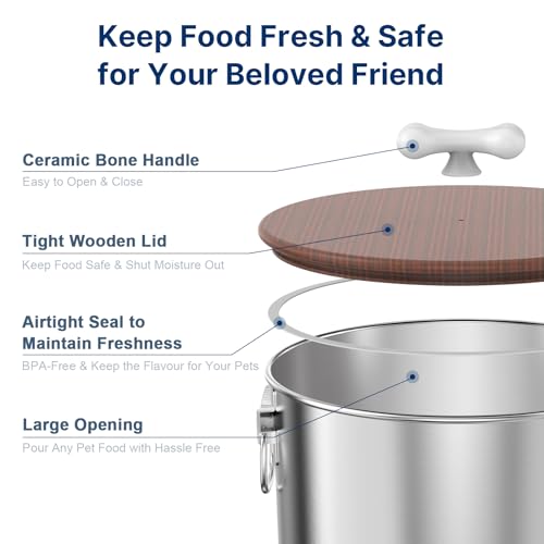 Paw Libero 35 Lbs Stainless Steel Dog Food Storage Container with Airtight Wooden Lid & Ceramic Bone Handle, Large Metal Dog Food Bin, Pet Treat Jars for Dogs & Cats, Keep Fresh, Easy to Clean - size: 35 lbs - 1pk