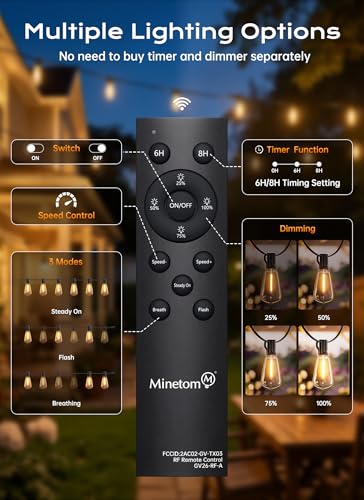 Minetom 55FT Outdoor String Lights with Remote, Shatterproof ST38 LED Bulbs, Waterproof Patio Lights with 3 Modes, Dimmable & Connectable 2700K Hanging Lights for Backyard Porch Deck Balcony - size: 55FT 17LED