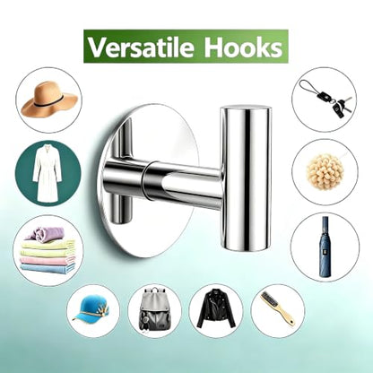 Stainless Steel Adhesive Hooks, Heavy Duty Wall Hooks, Towel Hooks for Hanging Robes, Aprons, Coats and Hats in Bathrooms,Kitchens and Hotels(2 Pack, Chrome) - color: Chrome, size: Adhesive "T" Shape- 2 Pack