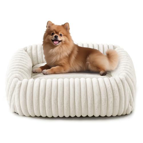 FURTIME Dog Bed for Small Medium Dog, Washable Orthopedic Pet Bed with Removable Cover, Rectangle Soft Calming Sleeping Puppy Bed Durable Pet Cuddler with Anti-Slip Bottom, Cream, M (25"x21"x7") - color: Cream, size: M (25"x21"x7")