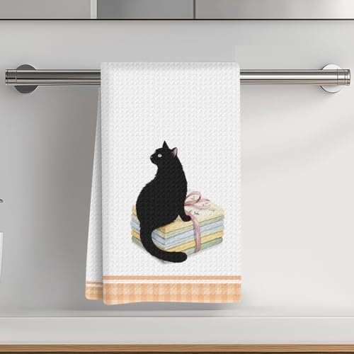 Cat Bathroom Towels 24x14 Inch, Washbasin Bathtub Reusable Microfiber Dish Cloth Hand Towel, Books Waffle Weave Tea Towels for Bathroom Kitchen Home Decor, Cat Gifts for Women Friend - color: Multicolor 01154