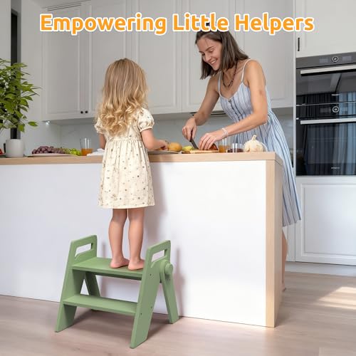 Wooden 2 Step Stool for Toddler Kids Bathroom Foldable 2-Step for Toilet Potty Training, Child Stepping Stool for Kitchen Nursery Bedroom Green - color: Green
