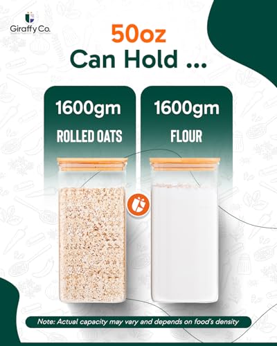 GIRAFFYCO Glass Food Storage Jars with Airtight Lids – Wide Mouth Pantry Containers, Thick BPA-Free Glass, Moisture & Insect Resistant, Customizable Labels Included – 50 oz (Set of 3) - size: Set of 3 - 50 oz