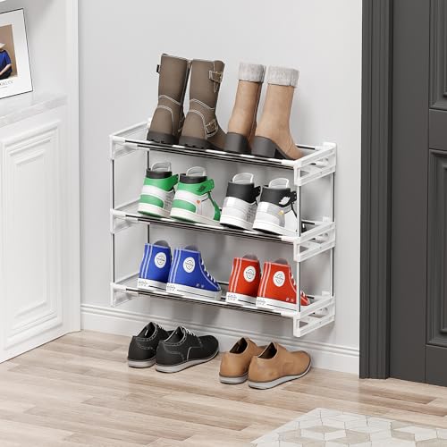 3 Tier for Wall Mounted Shoe Rack with Hook and Loop Sticky Adhesive Strips Shoe Shelf, Slim Shoe Rack Space Saving Design Wall Shoe Organizer for RV - color: White