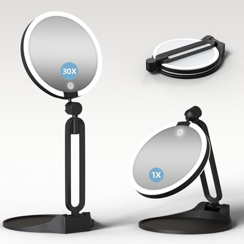 Magnifying Mirror with Light 30X/1X, Double Sided Travel Makeup Mirror with Lights and Magnification, 3 Colors Dimming Lighting, Rechargeable Large Size of 6inch, Foldable Design, 360°Angle Adjustable - color: 30x-black