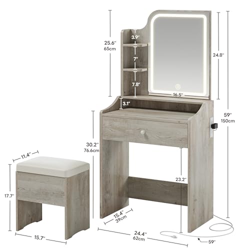 LIKIMIO Small Makeup Vanity Desk with Mirror and Lights, Vanity Table Set with Storage Drawer, Chair and Three Shelves, Bedroom, White Walnuts - color: White Walnuts