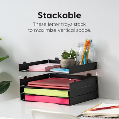 IRIS USA Metal Letter Tray Paper Organizer, 4 Pack, For Letter/A4 File Holder Paperwork Document, Stackable Desktop File Organizer Tray Paper Basket Rack for Office Supplies Home Work, Black - size: 4 - Pack, style: Tray
