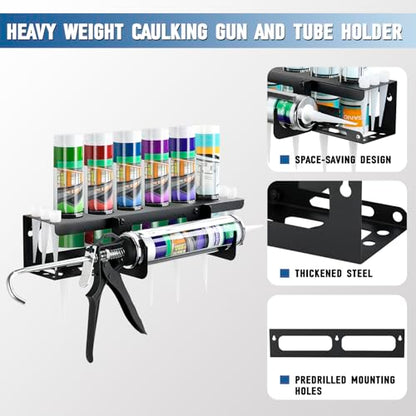 Caulking Gun and Tube Holder, Siligun Caulking Gun Rack, Caulk Tube Storage Organizer and Wall Mount Silicone Caulking Tools for Garage Workshop, Work Van, Service Truck (Black)