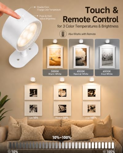 Picture Lights for Wall, 2000mAh Rechargeable Magnetic Art Lights with 3 Color Temps & RGB, Remote Dimmable Battery Operated Wall Light for Bedroom, Living Room, Gallery (White, 6 Pack) - color: White