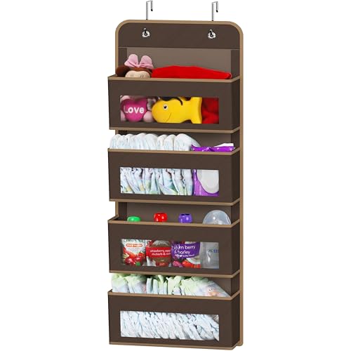 Simple Houseware 4 Clear Window Pocket Over Closet Door Storage Hanging Organizer for Bedroom, Bathroom, Pantry, Brown - color: Brown, size: 4 Pockets