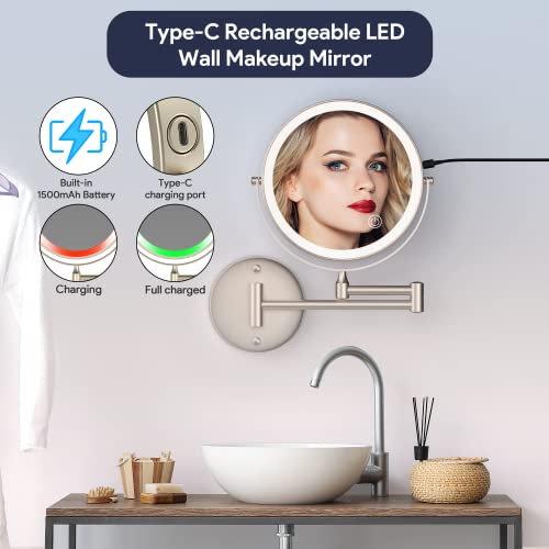 Rocollos Rechargeable Wall Mounted Lighted Makeup Mirror, 8 Inch Double-Sided LED Vanity Mirror 1X/10X Magnification,3 Color Lights Touch Screen Dimmable 360°Swivel 13 Inch Extendable - color: 8 Inch Nickel