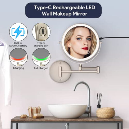 Rocollos Rechargeable Wall Mounted Lighted Makeup Mirror, 8 Inch Double-Sided LED Vanity Mirror 1X/10X Magnification,3 Color Lights Touch Screen Dimmable 360°Swivel 13 Inch Extendable - color: 8 Inch Nickel