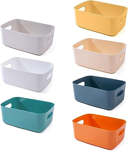 OWill 7 Pack Plastic Storage Bins, 4.2L Small Organizer Baskets with Handles, Pantry Cabinet Bathroom Classroom Storage Containers, Colorful Shelf Bins for Home Kitchen Closet Organization - size: 7Pcs Medium