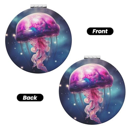 Galaxy Gellyfish Print Foldable Travel Pocket Mirror Round PU Leather Portable Mini Makeup Double Sided Handheld Magnifying,2.6 in - color: Galaxy Gellyfish