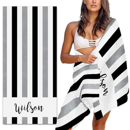 MeMoShe Personalized Beach Towel with Name Custom Microfiber Kids Beach Towels Sand Free Quick Dry Pool Towel Blanket Stripes Print Beach Towels for Adults 30x60 Inch - color: Multi-color 22