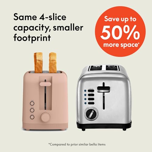 bella 4 Slice Slim Toaster, Fits-anywhere™ Kitchenware, 6 Setting Shade Control with Reheat & Cancel Buttons, Fits Sourdough, 10” Long Slot, Anti Jam & Auto Shutoff, 900 Watt, Blossom - color: Blossom, size: 4 Slice